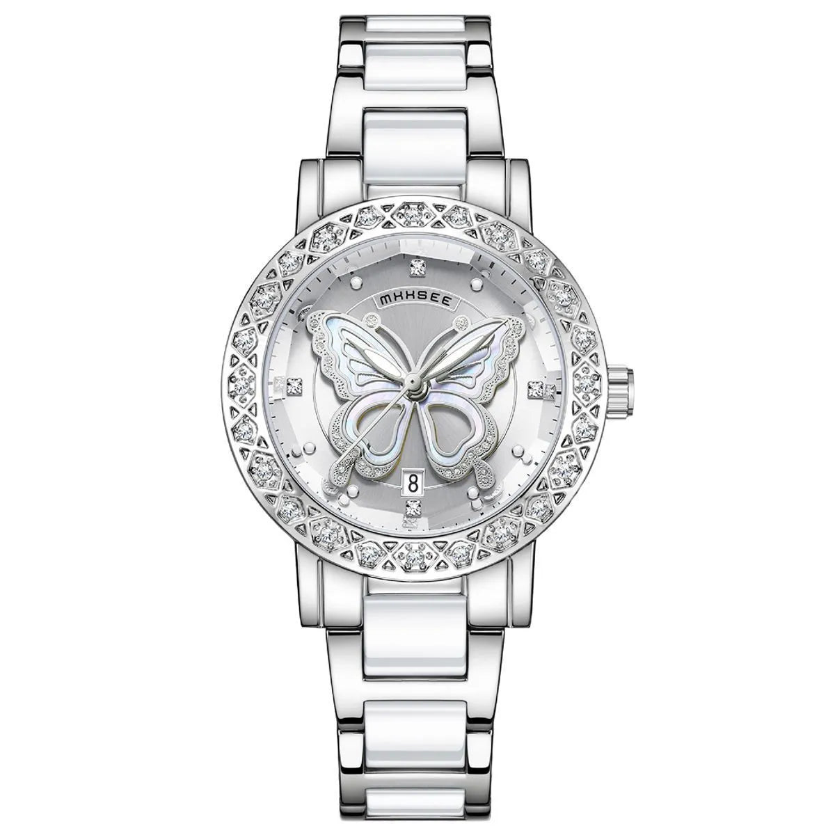 Butterfly diamond-encrusted women's watch with calendar and steel strap, 10mm thickness, available in white pink and purple face colours