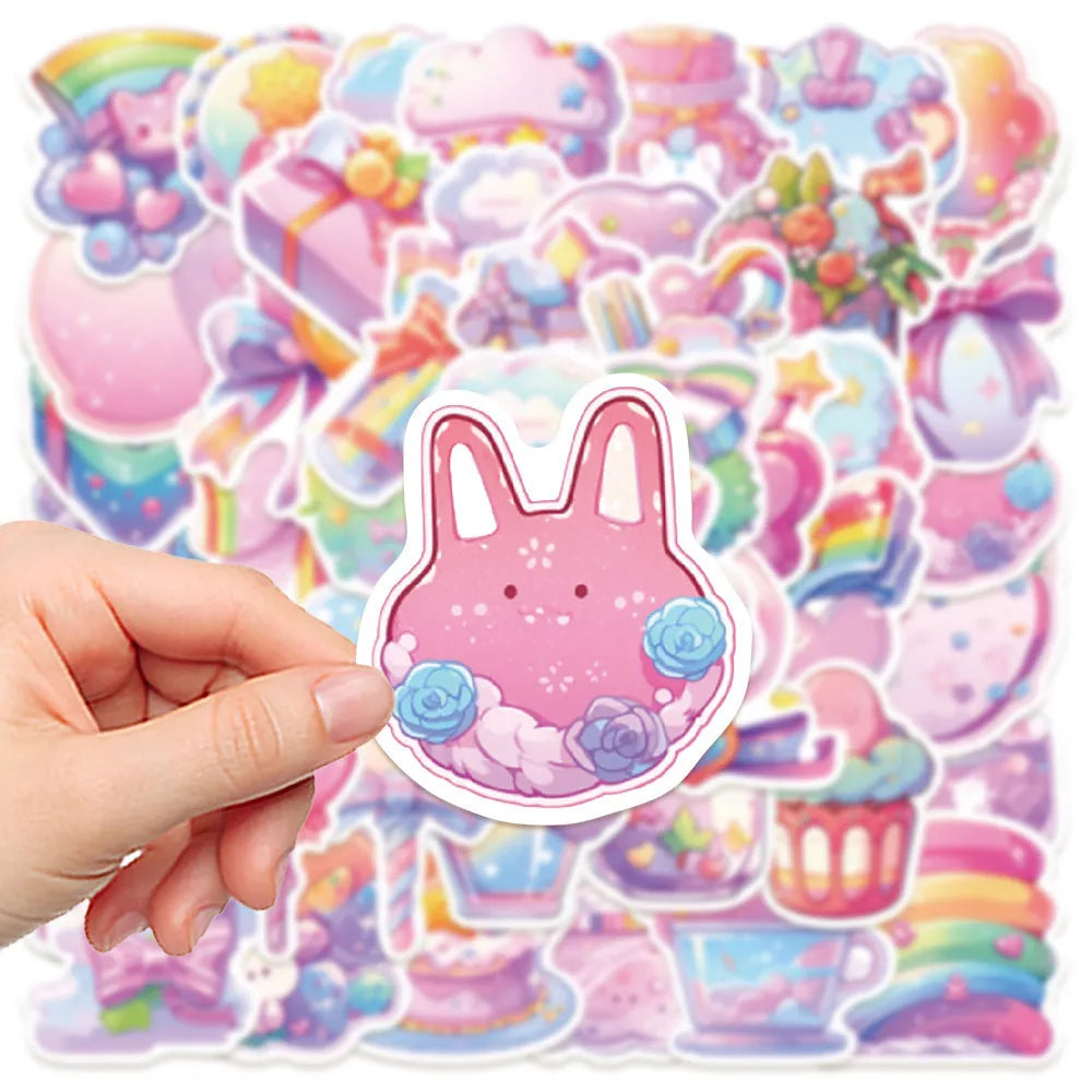 Pack of 50 colourful candy-themed waterproof decorative stickers on sheets.