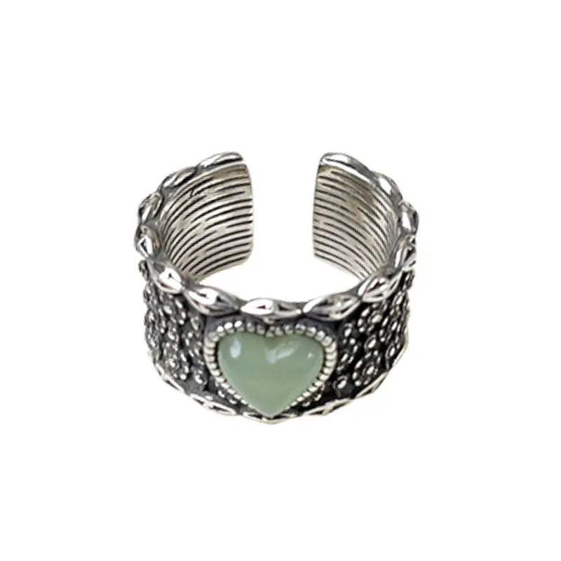 Retro wide-faced adjustable heart ring in white copper plated silver with love design elements