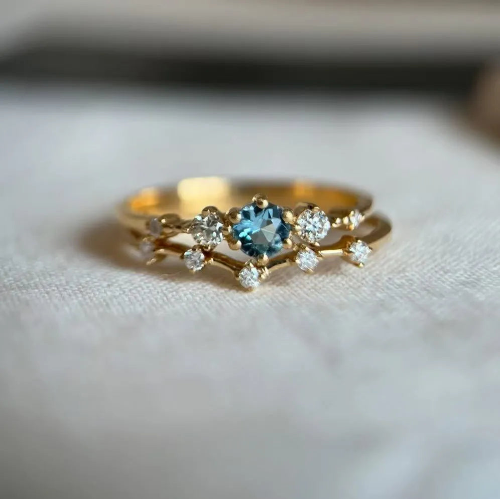 Alloy Flower Ring with Gold Sea Blue Diamond Design for Women Available in Sizes No 6 to No 10 Electroplated Finish Simple Couple Style Jewelry Ring Female
