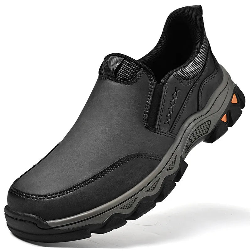 Men's casual leather shoes with round toe and flat heel in black, brown or grey colours