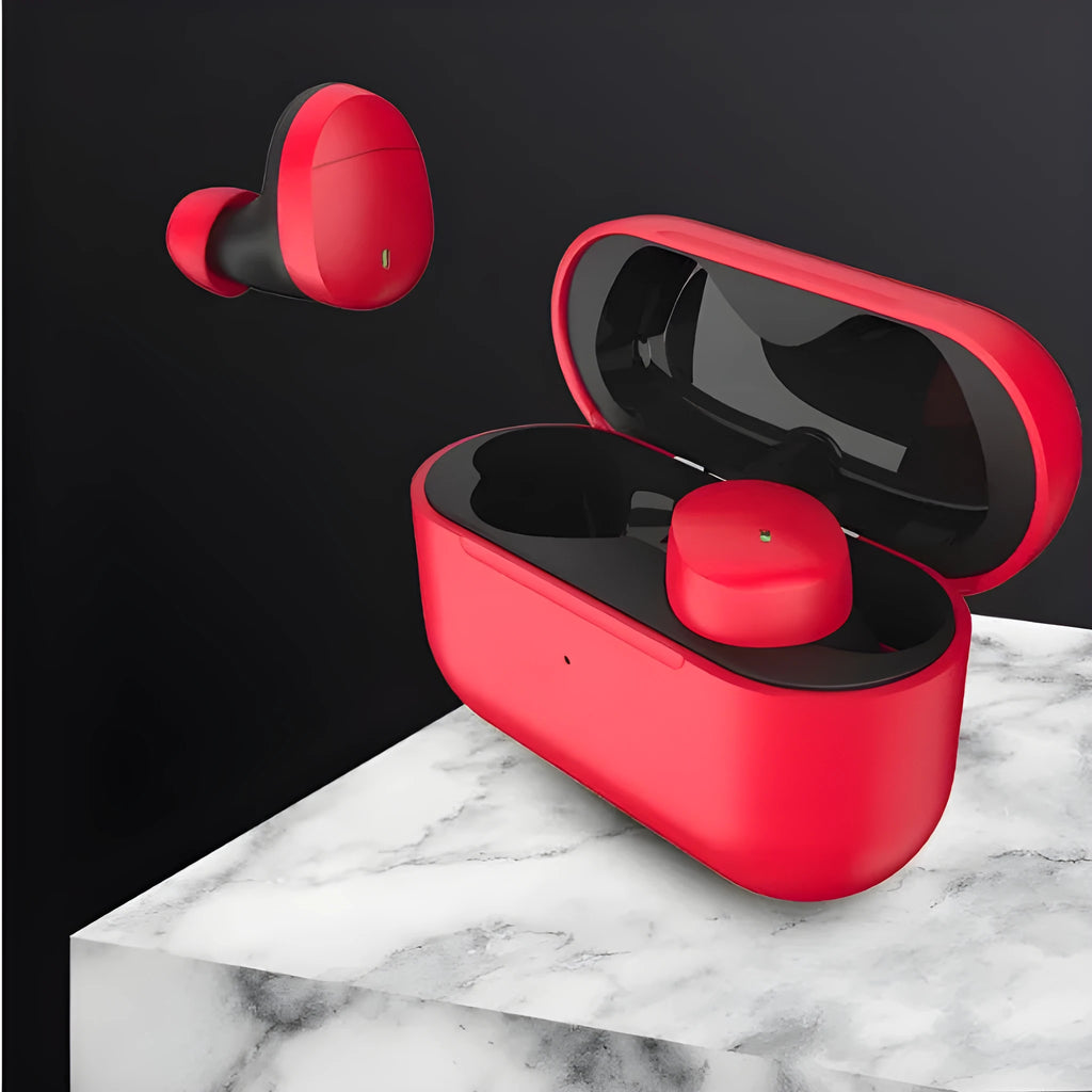 Flame red Qualcomm TWS 3040 Bluetooth headset with earplug design showing USB charging cable