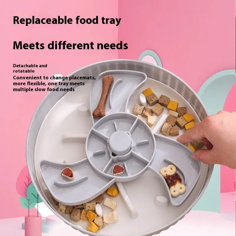 Pet food basin with rotating game board and silicone pad in multiple colour options