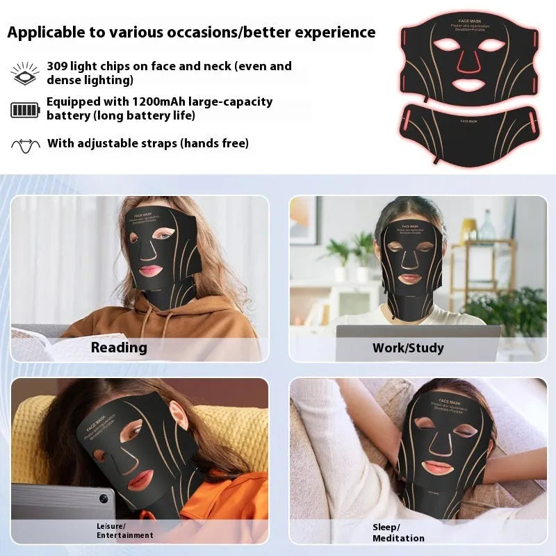 Black and gold silk silicone LED red light facial mask with headband and touch screen controls.