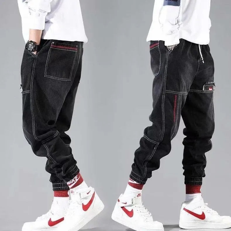 Plus size men's wide leg harem casual pants in black cotton denim with tie closure