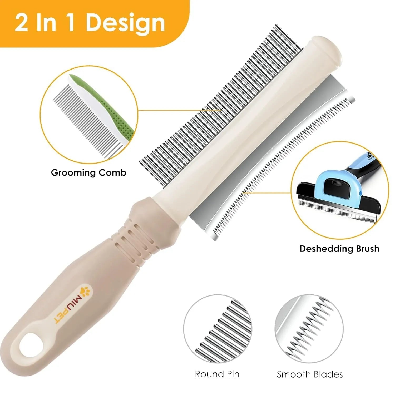 White double-sided dog cat deshedding brush with grooming comb and ergonomic handle.