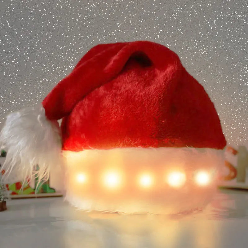 Red and white plush Santa hat with pom-pom and twinkling multi-coloured LED lights around the brim.