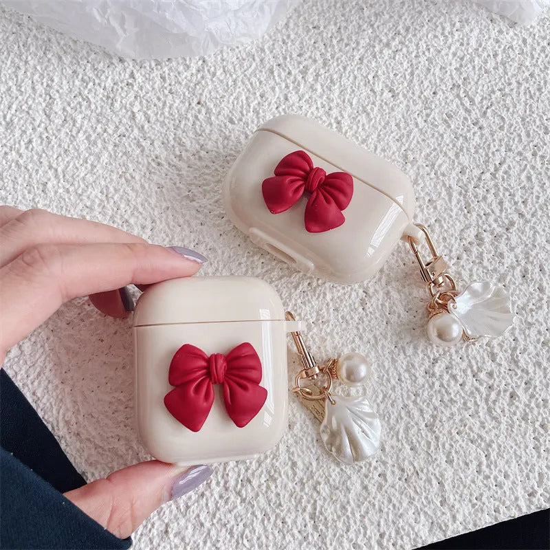 Beige red bow shell TPU clamshell case cover for AirPods and AirPods Pro