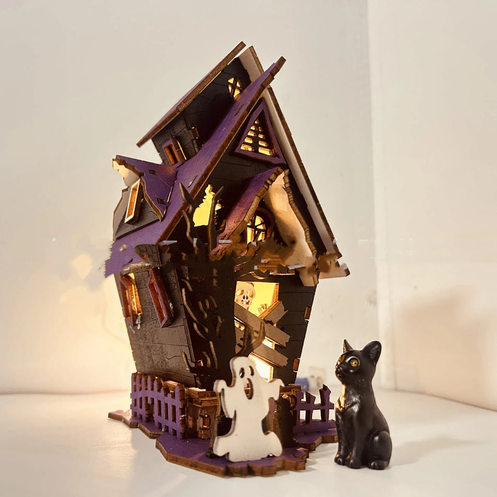 DIY wooden glowing haunted house Halloween table decoration for candles
