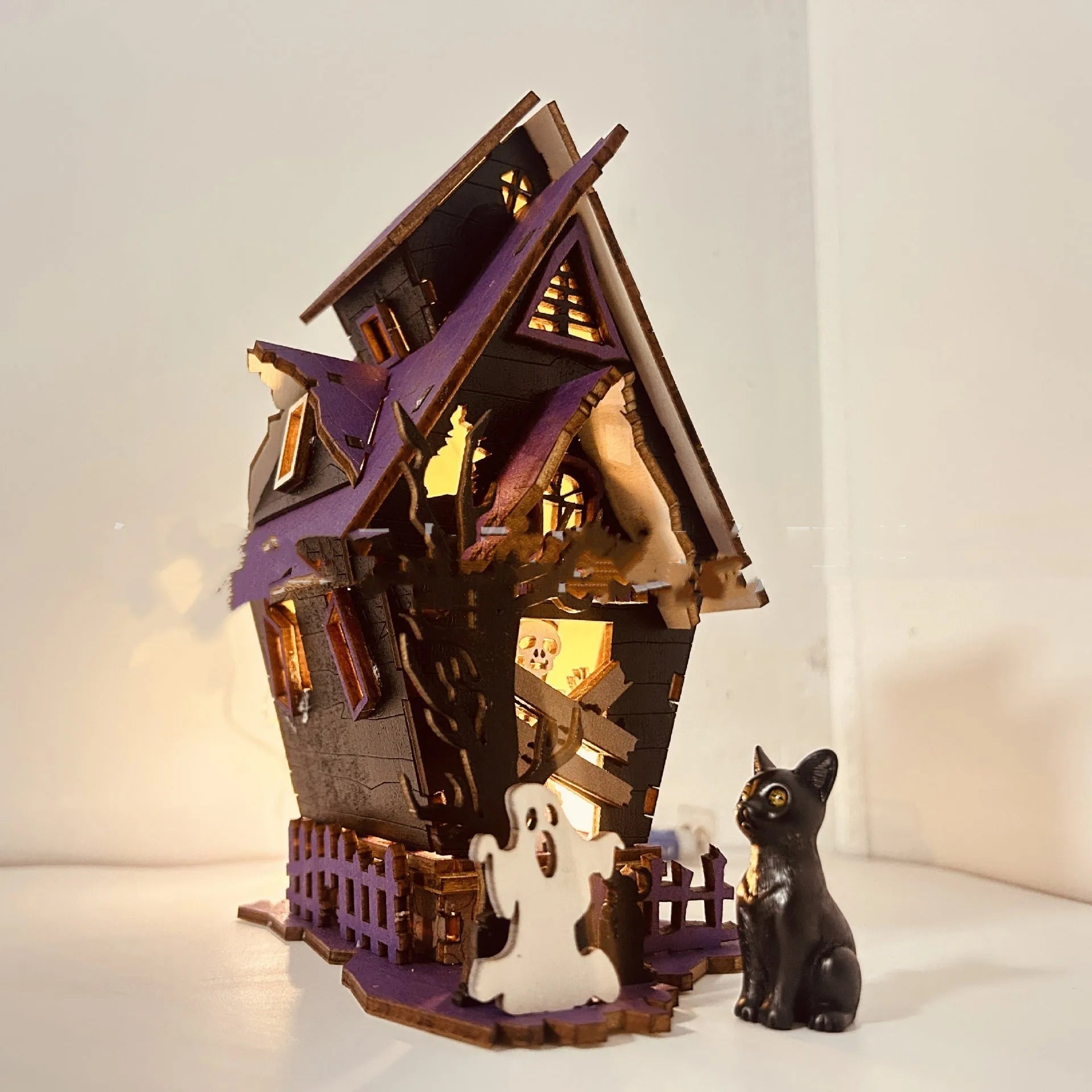 DIY wooden glowing haunted house Halloween table decoration for candles