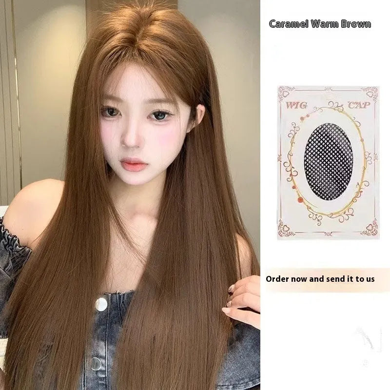 Long straight warm brown lace front wig with centre-parted bangs and forehead lace