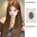 Long straight warm brown lace front wig with centre-parted bangs and forehead lace