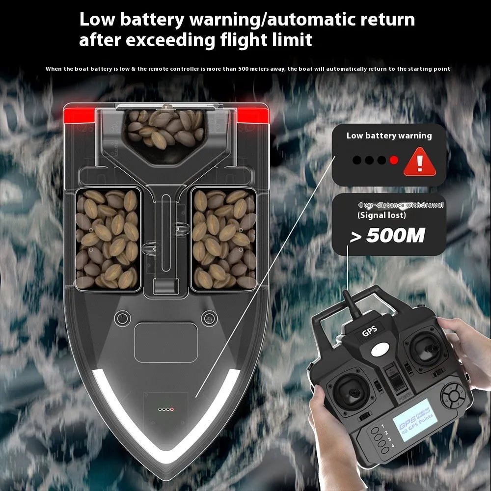 Black GPS remote control fishing boat with LED light on calm water