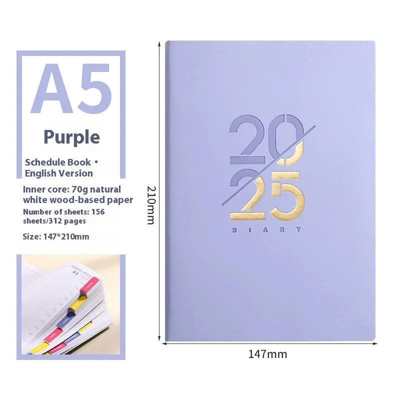 A5 daily planner notebook with faux leather cover open on a desk