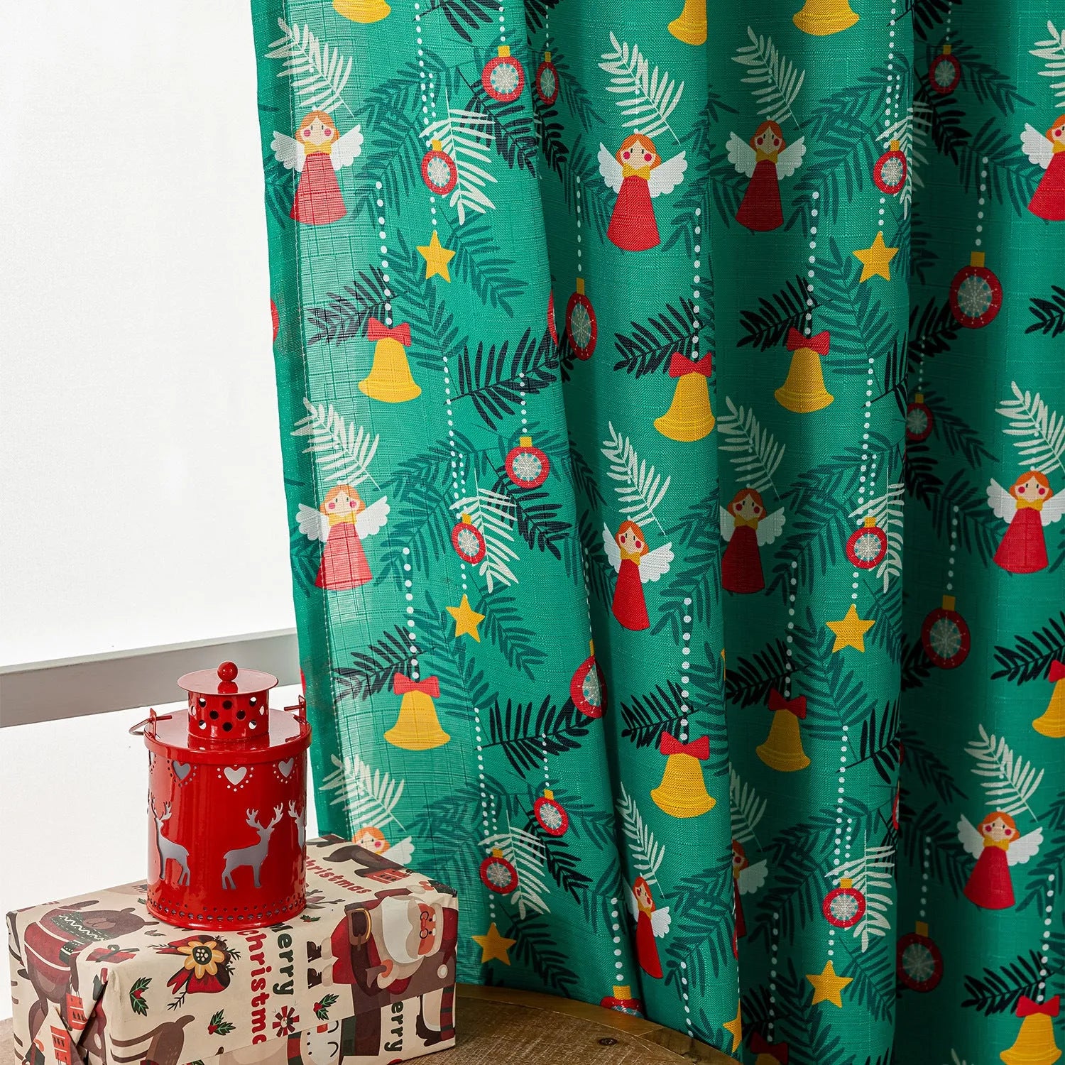 Christmas snowman angel print curtain in green or red American style 1 metre