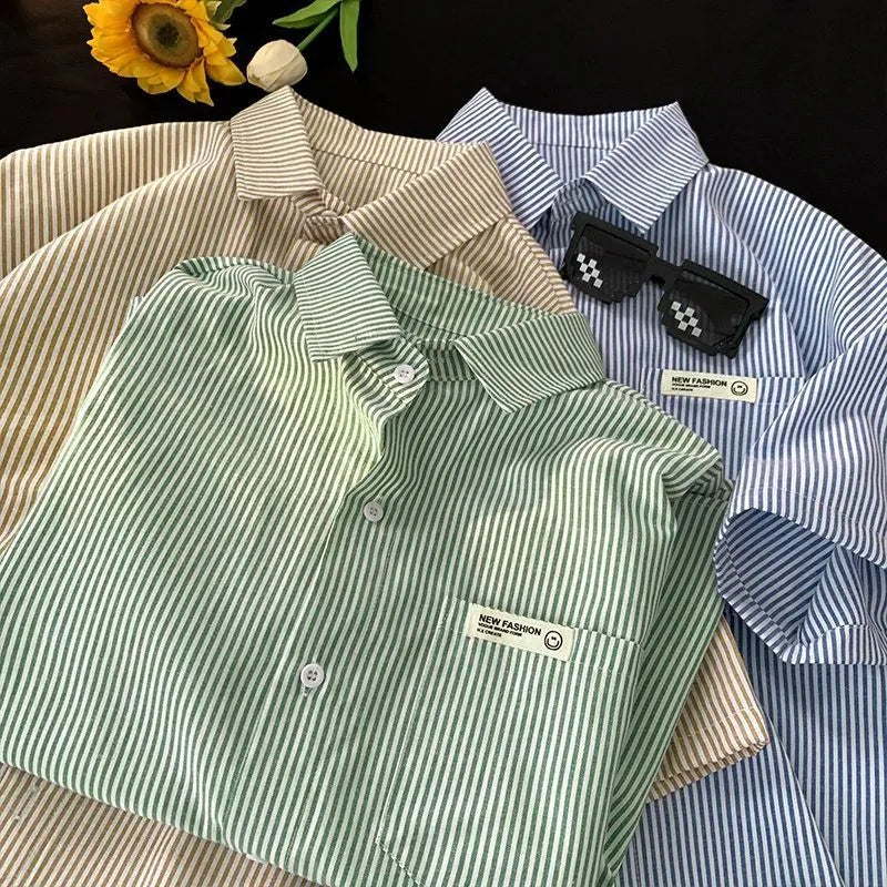 Blue and green striped loose fit plus size casual shirt with half sleeves