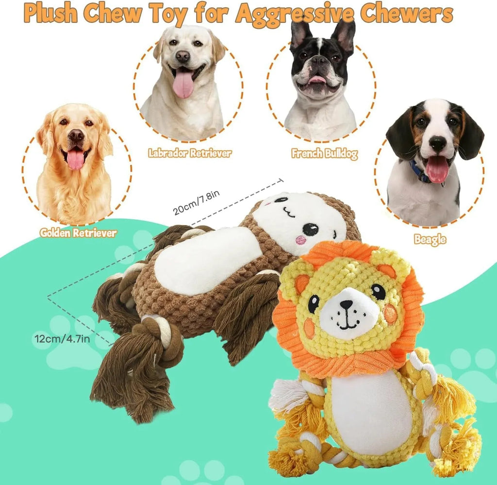 Stuffed squeaky dog toy bundle with lion and monkey plush designs for medium to large dogs