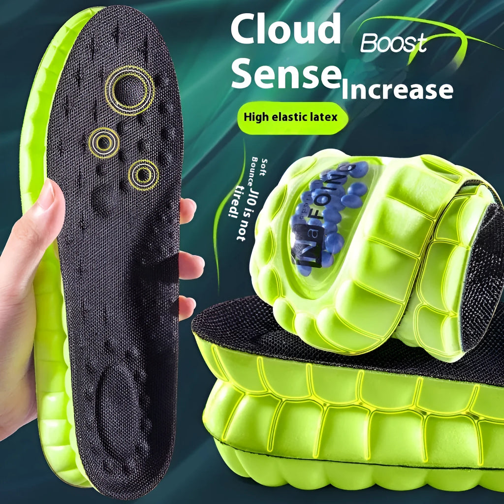 Green PU air cushion sports insole with argy wormwood for shock absorption and sweat management.