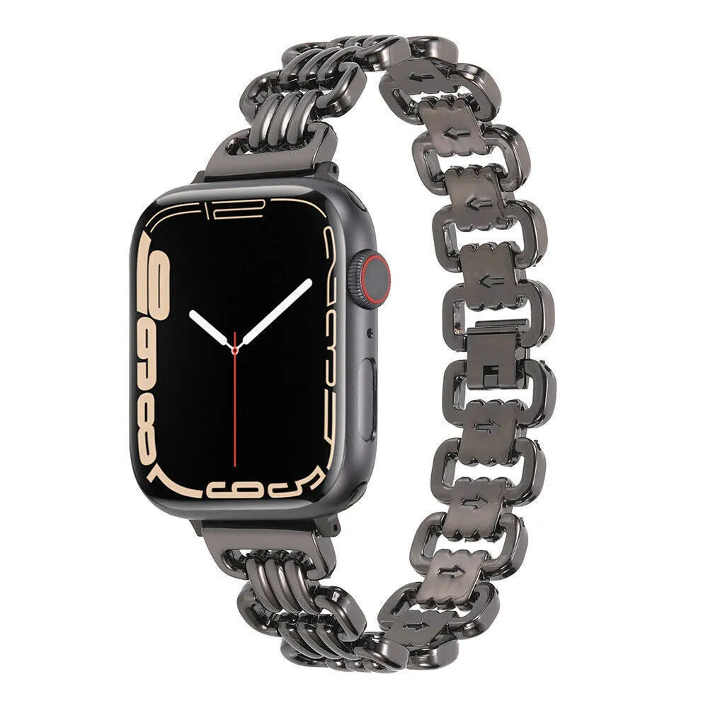 Alloy metal Apple Watch replacement bracelet in silver, black, gold, rose gold and Starlight colours.
