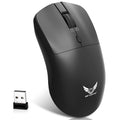 Black wireless mouse with three-gear audio button, photoelectric sensor, and AAA battery compartment