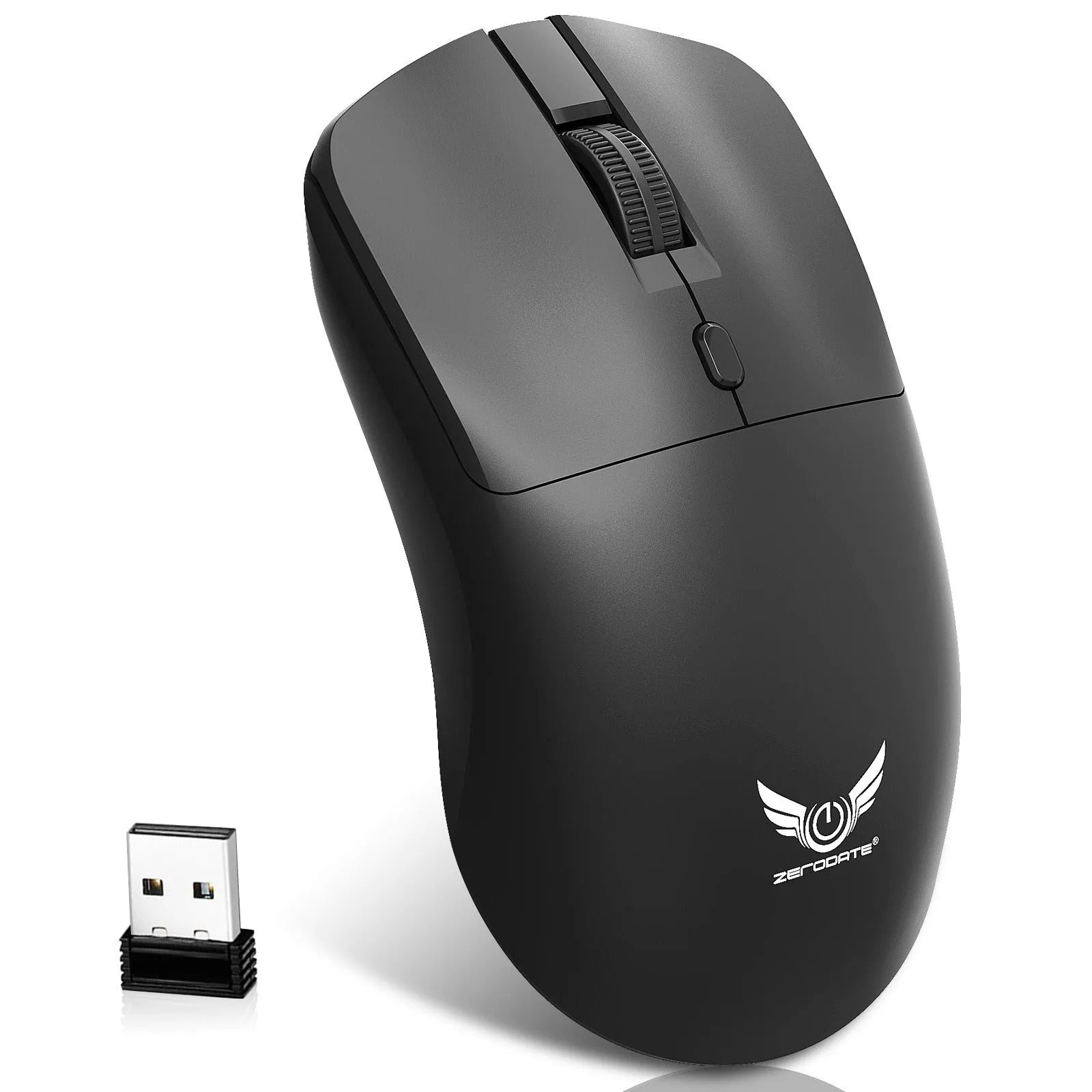Black wireless mouse with three-gear audio button, photoelectric sensor, and AAA battery compartment