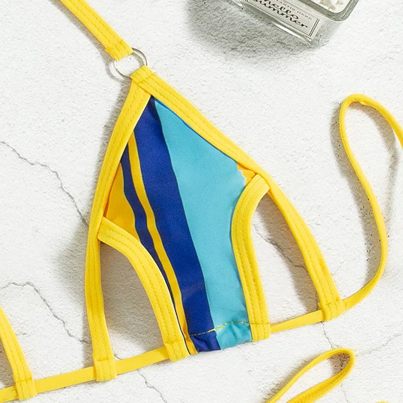 Yellow women's split swimsuit with high waist, backless design and neck-hanging style