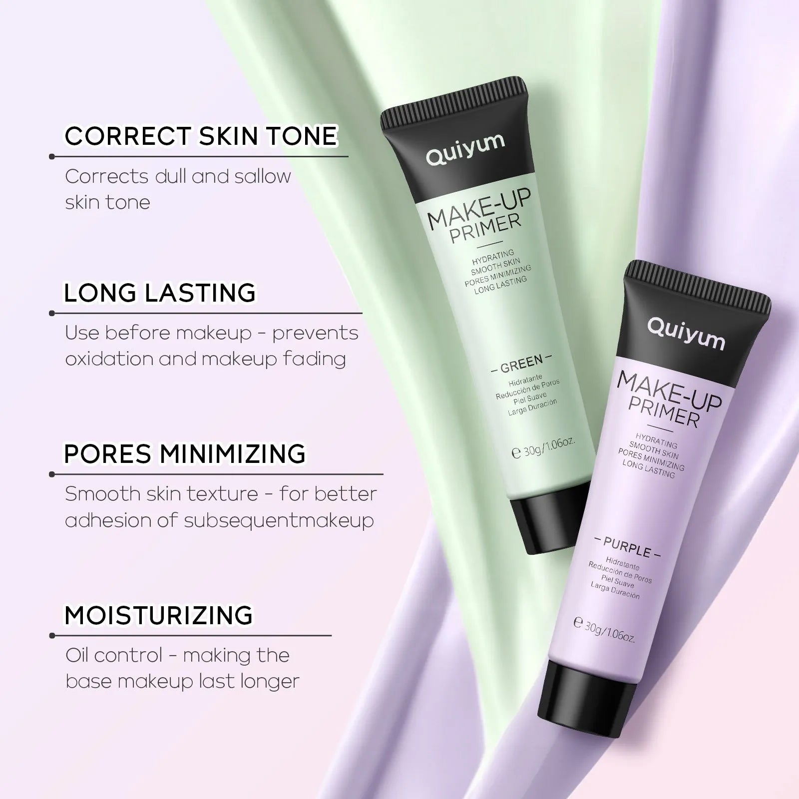 30g tube of colour-correcting makeup primer in purple, pink, and green shades