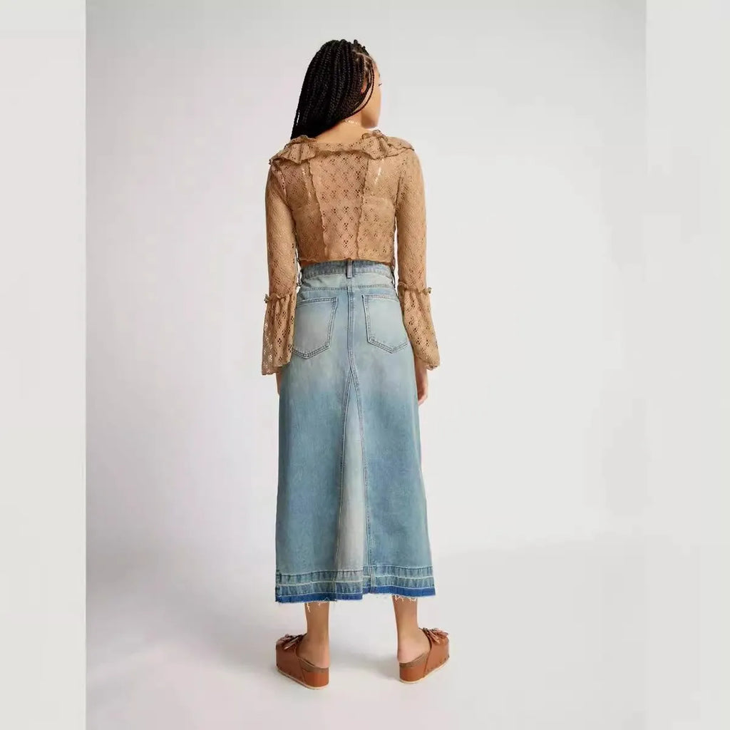 Retro slim-fit denim maxi skirt for women in cotton denim, blue colour, mid-rise waist