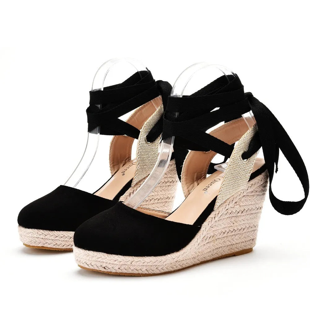 Women's apricot bohemian wedge sandals with bead decorations, fish mouth toe, and buckle strap on a white background.