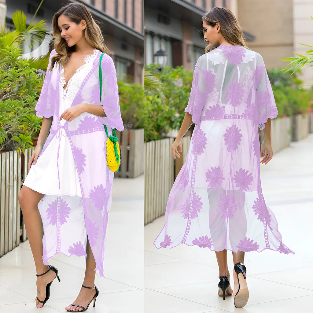 Light purple women's beach dress with lace embroidery detail, shown as swimwear cover-up