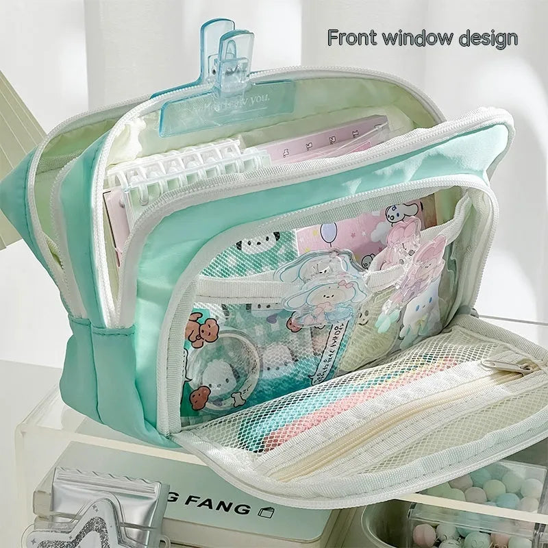 Double layer pencil case in blue, cream, green or pink with gift handle for stationery organisation
