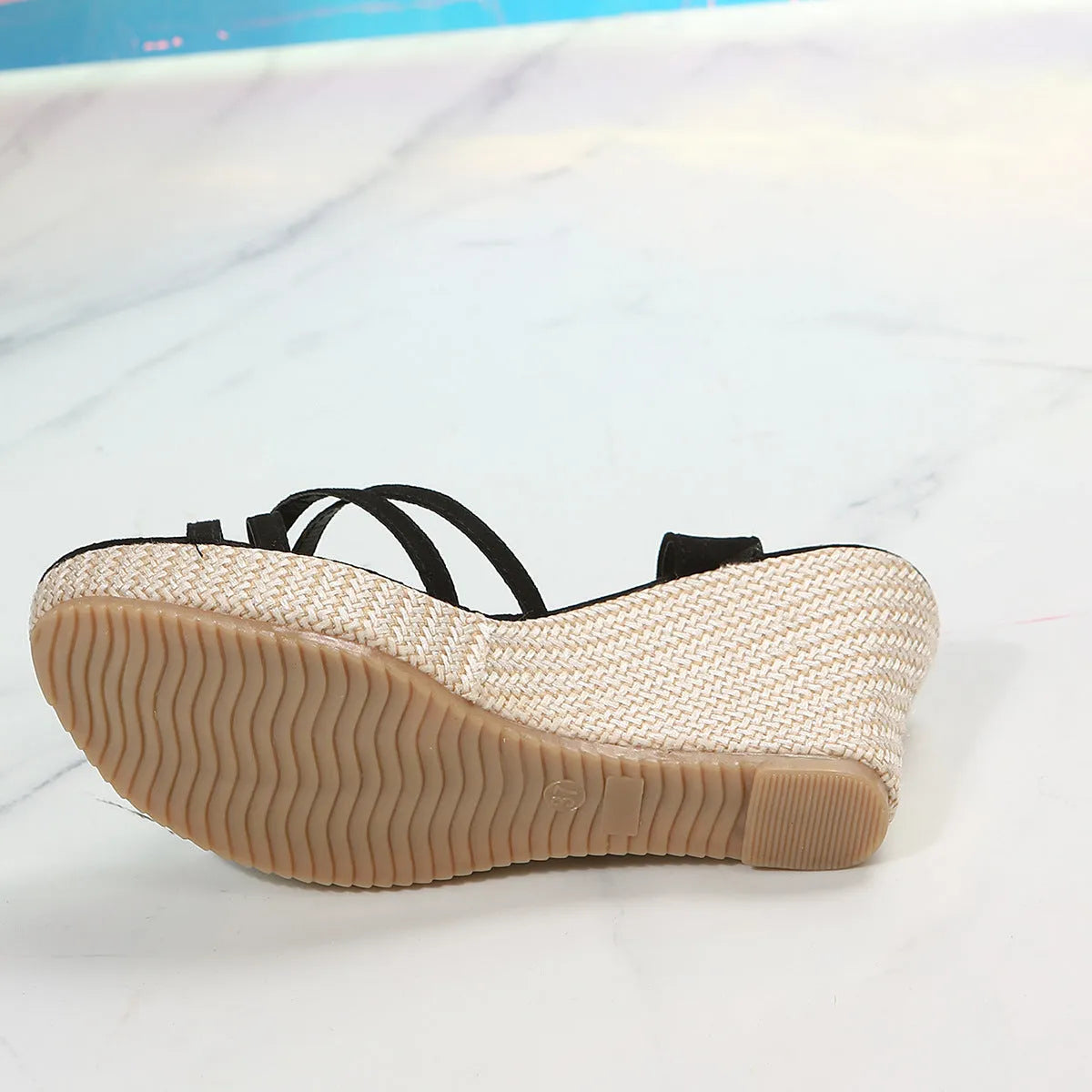 Women's simple wedge sandals with cloth upper and fish mouth toe design in black and white