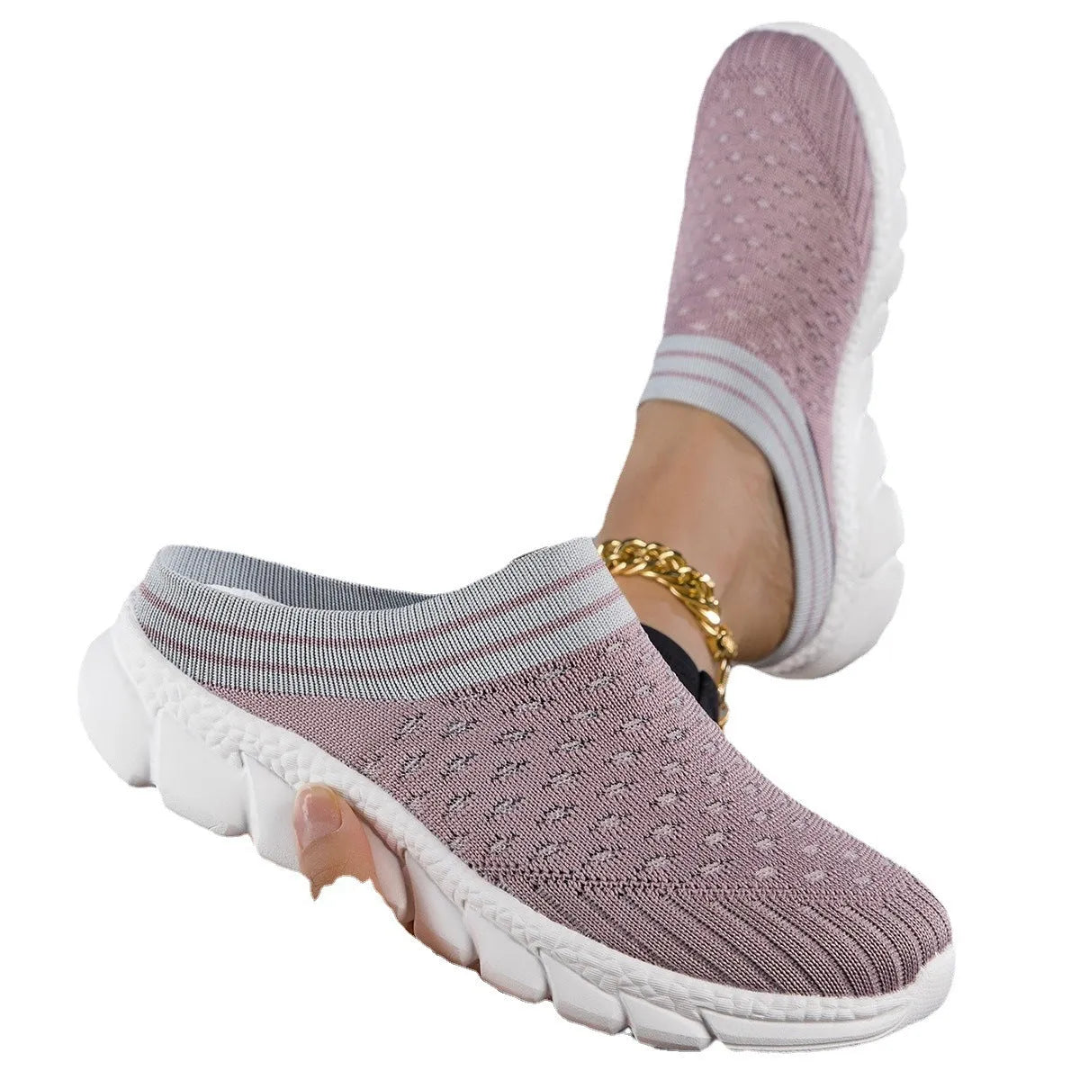 Women's Flyknit semi-slipper casual shoes in striped pattern with hollowed-out details, shown in black, pink, and purple.