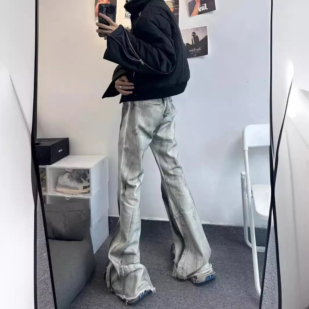 White denim jeans with black ribbon gradient detailing and heavy rough selvedge construction