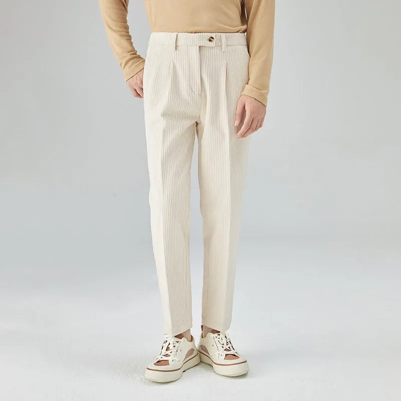 Men's beige straight-leg corduroy trousers with a loose fit and mid-waist design