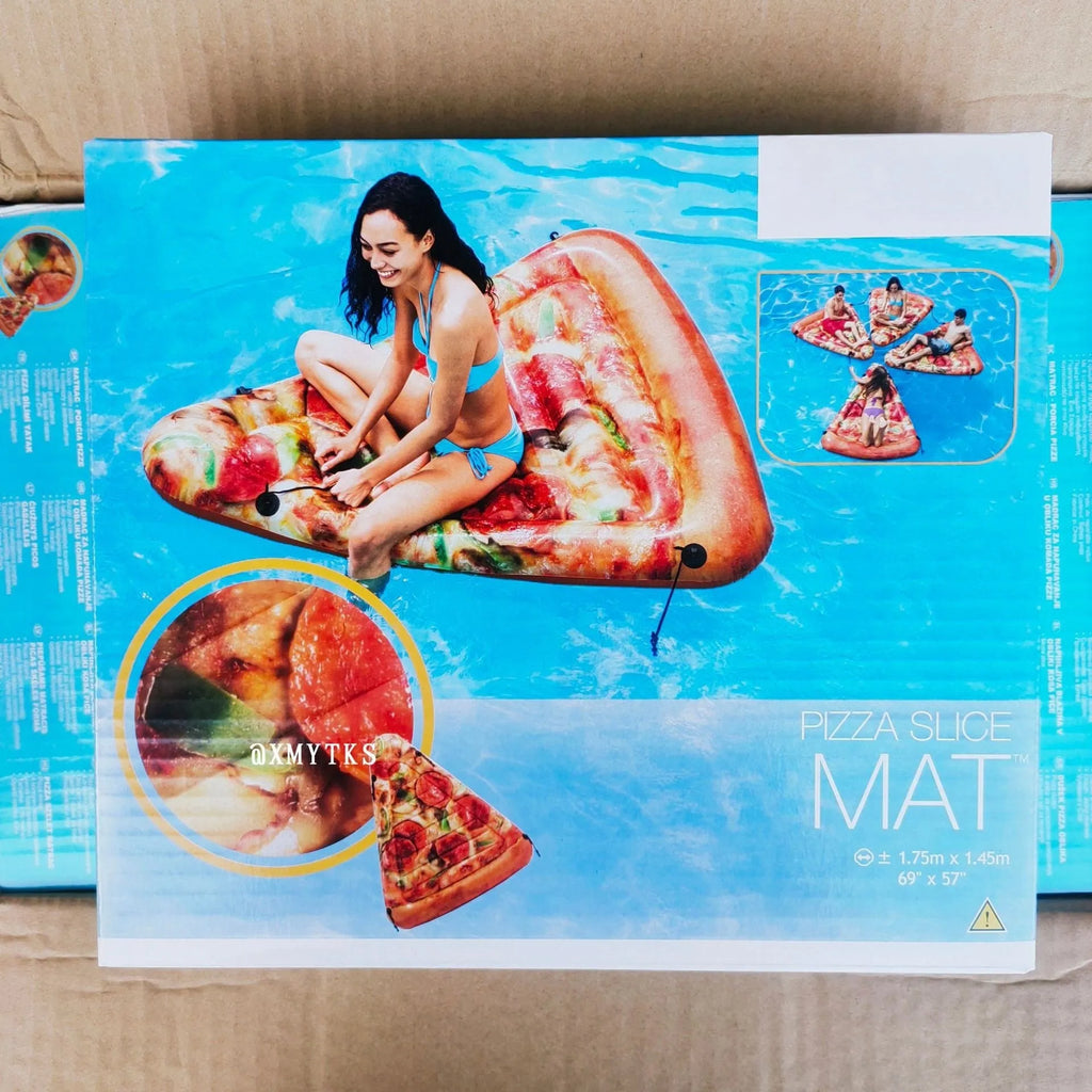 Inflatable pizza float surfboard recliner with vibrant slice design floating on water