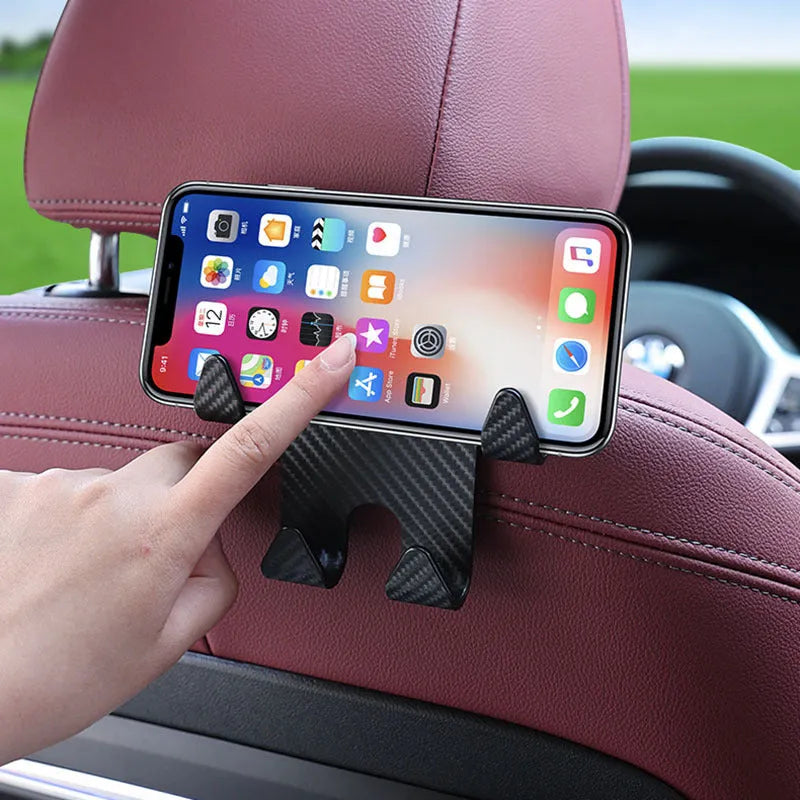 Black ABS plastic car hook with an integrated mobile phone holder bracket for rear seat organisation.