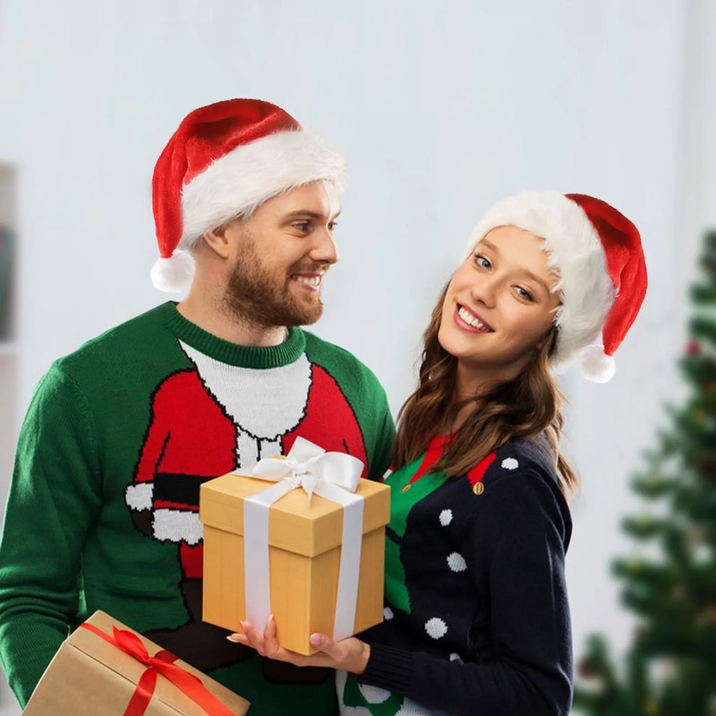 Red and white plush Santa hat with pom-pom and twinkling multi-coloured LED lights around the brim.