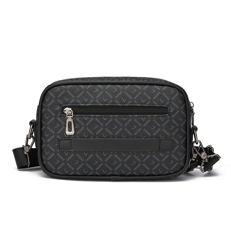 Men's geometric pattern shoulder messenger bag in black PU leather with large capacity design