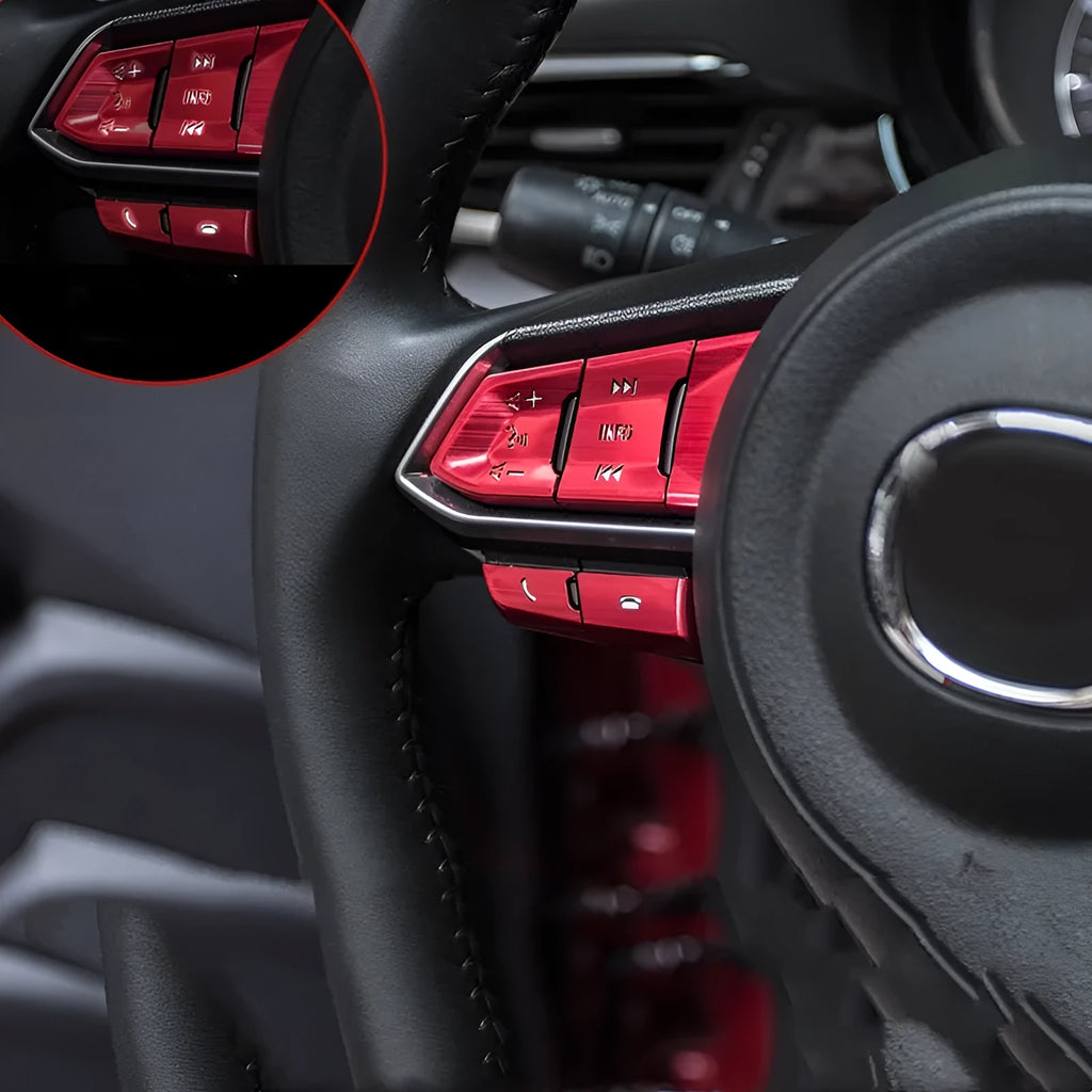 Aluminium alloy decorative stickers for car steering wheel buttons in transparent, red, silver, and blue finishes
