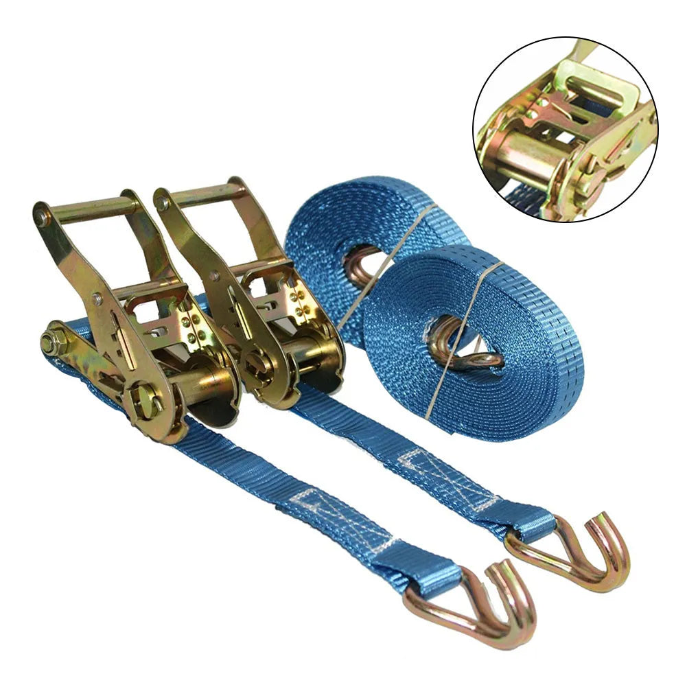 Ratchet tensioner cargo binding strap with double steel hooks on a polyester belt.