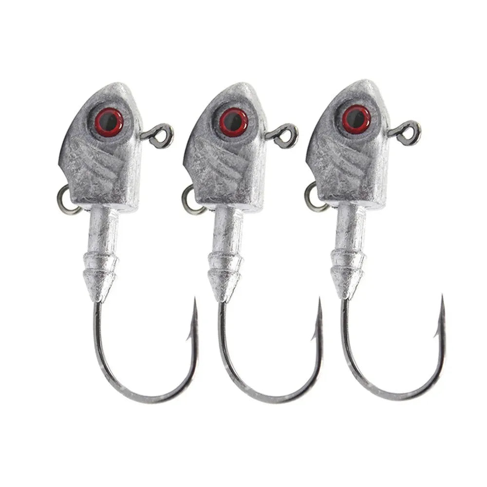 Yayu-shaped lead head fishing hooks in blue, sliver, and yellow, showing various weights from 3.5g to 28g.