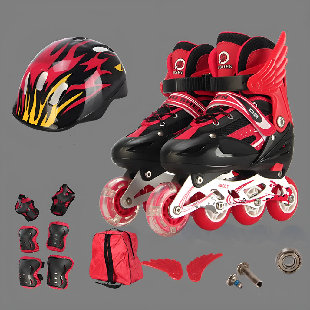 Children's adjustable roller skates in multiple colours with helmet and protective gear