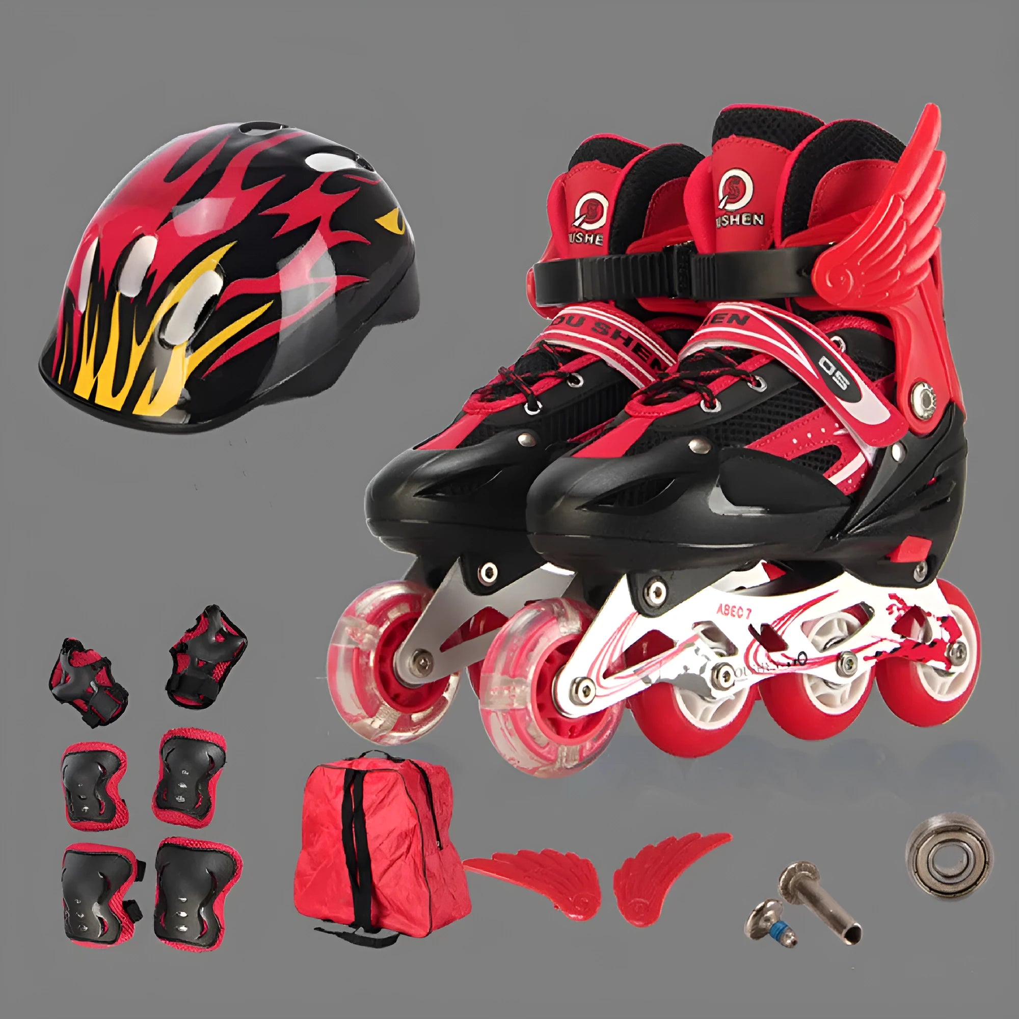 Children's adjustable roller skates in multiple colours with helmet and protective gear