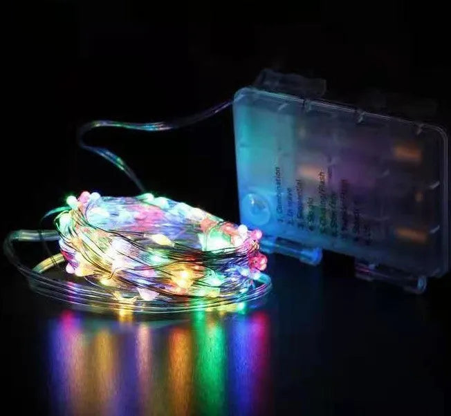 12 metre copper wire LED string light with battery box and multiple colour options for garden patio decoration