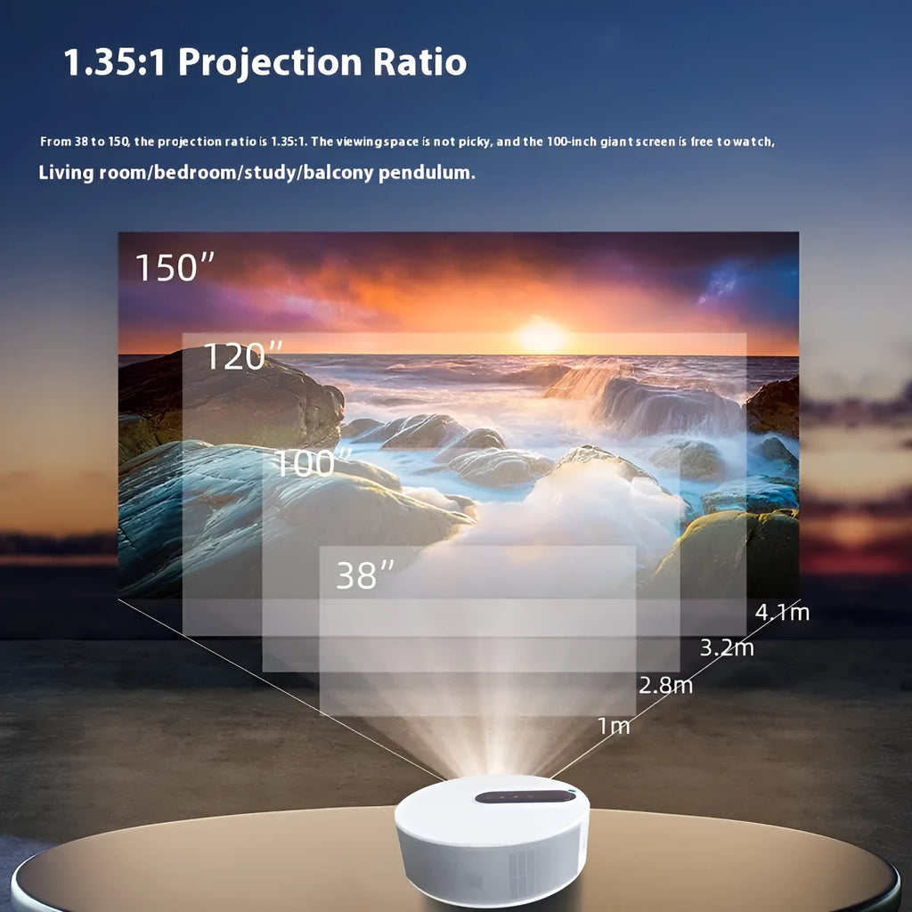White HD 720p home cinema projector with remote control on a table