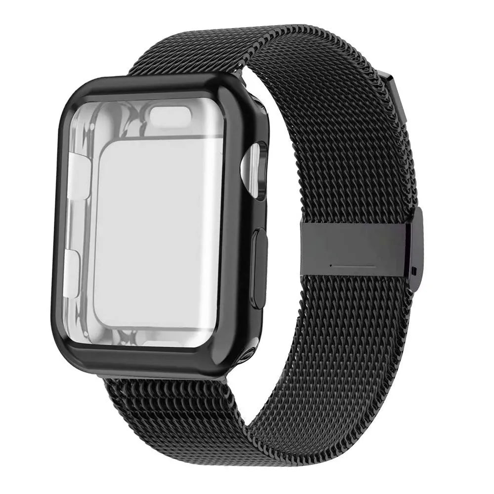 Magnetic Milanese metal strap for Apple Watch in various colours on a watch case