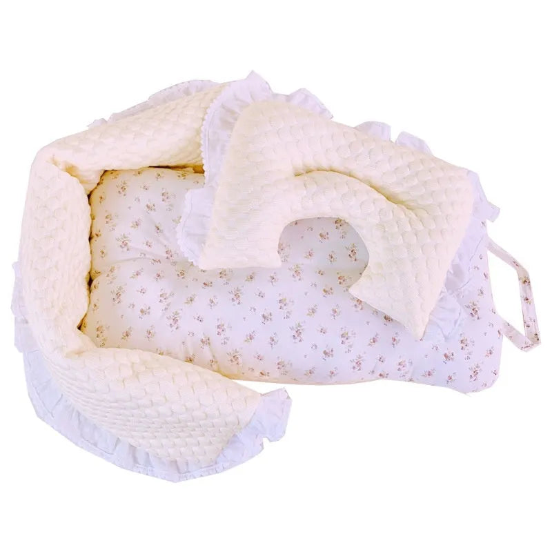 Removable pure cotton pet stroller set showing anti-dirty towel, cushion, and pillow in a floral pattern.