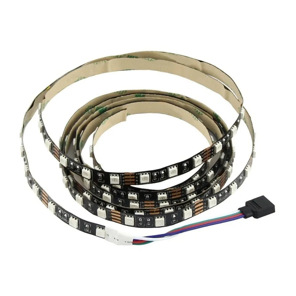 Close-up of a flexible white USB LED light strip showing SMD5050 LEDs and a connected USB cable.