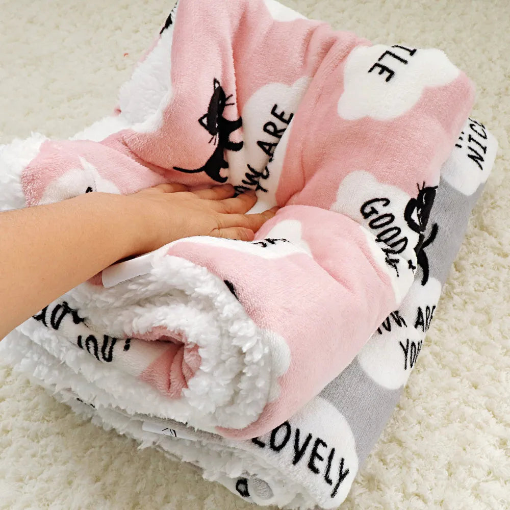 Pink lambskin pet blanket with cute cartoon design made from flannel and cashmere